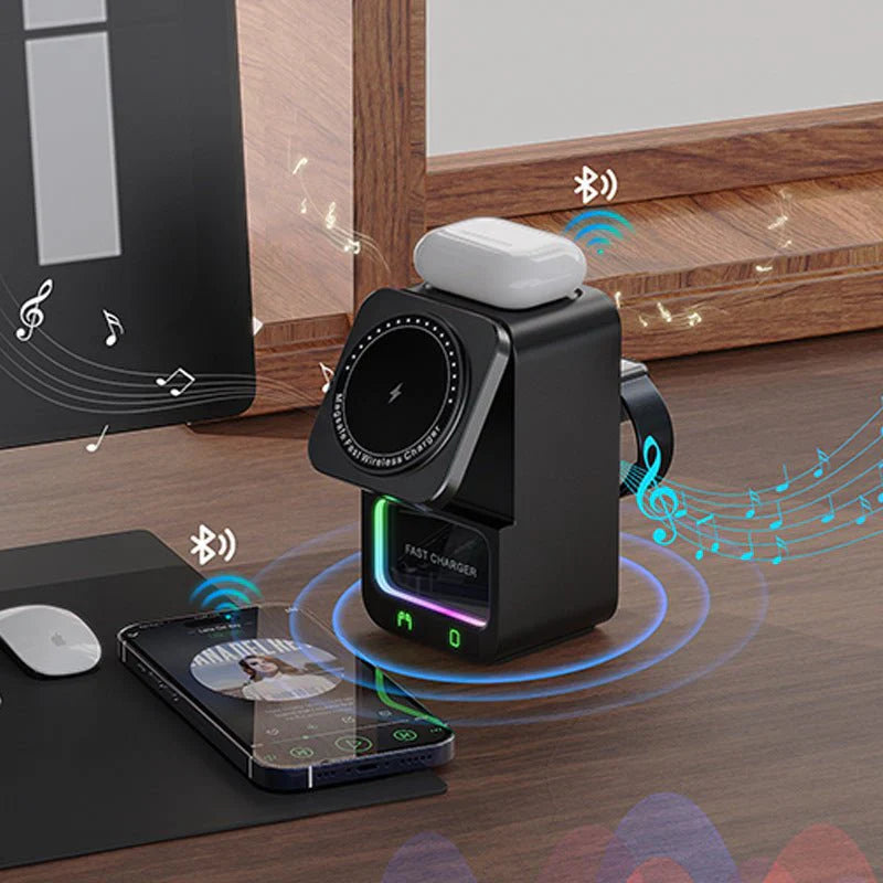 5-in-1 Wireless Charging Station with Bluetooth Speaker Sleek Smart & Powerful